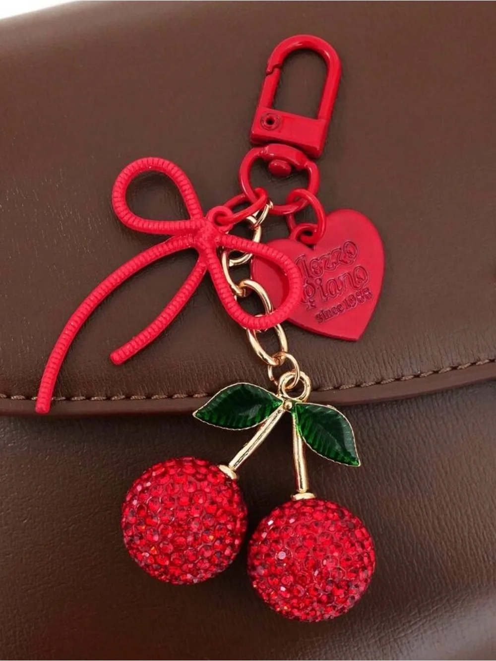 Source Unknown Red Cherry Crystal Keychain with Green Leaves